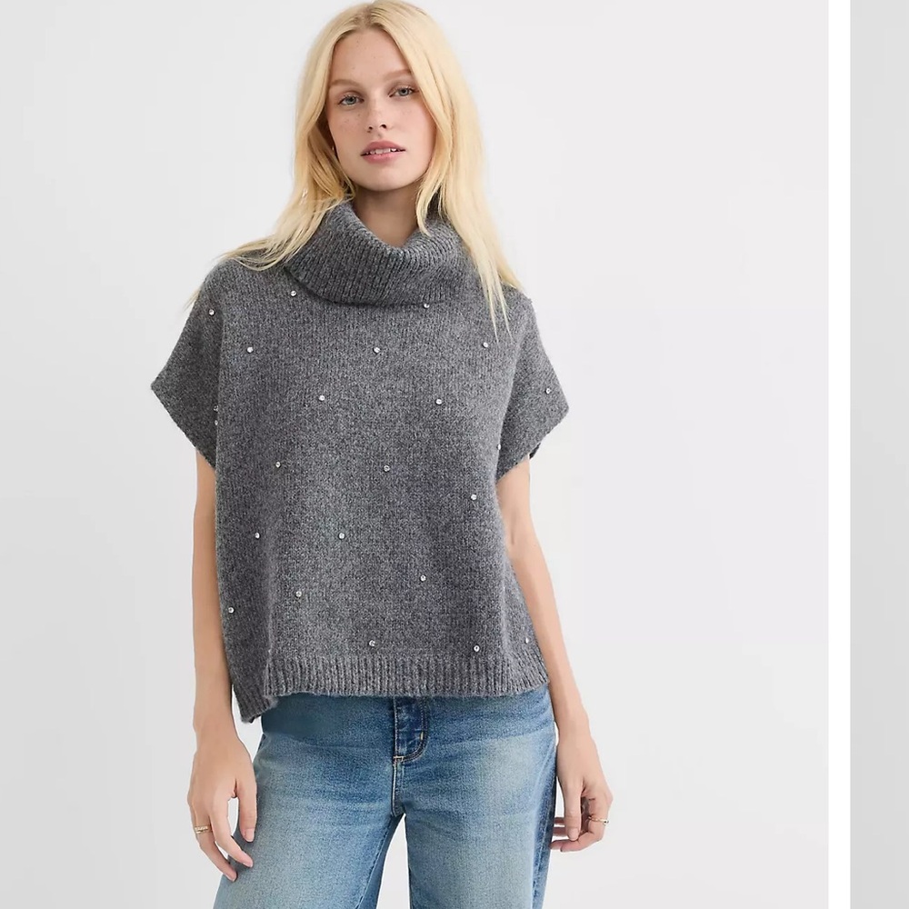 LOFT Sparkle Embellished Turtleneck Poncho Sweater